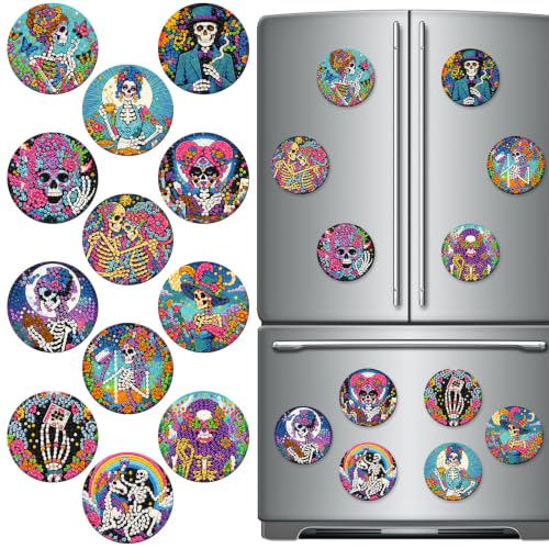 Halloween Sugar Skull Diamond Art Magnets - Multi Color Skeleton Design, 12 Pack