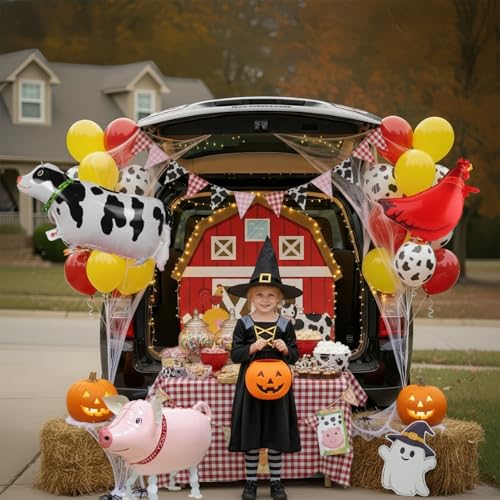 Farm Theme Trunk or Treat Balloon Decoration Set with String Lights - Red, Yellow, Black, White