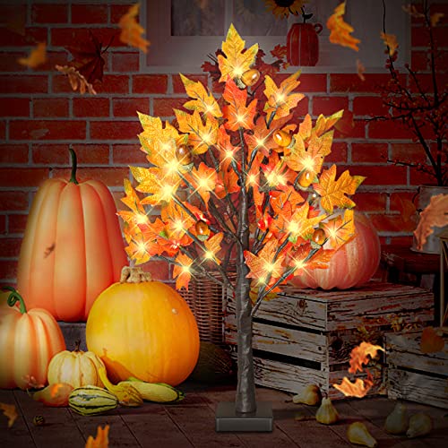 2 Pack 24 Inch Lighted Maple Trees with 36 LEDs & Acorns - Fall Thanksgiving Decor