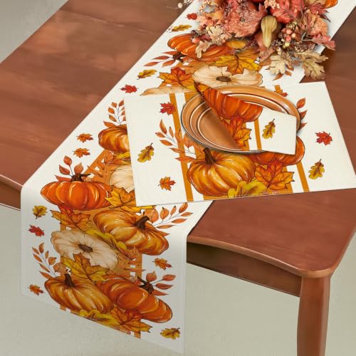 Fall Pumpkin & Maple Leaf Table Runner 13x60 Inches - Autumn Decor - Yellow Fall Variation