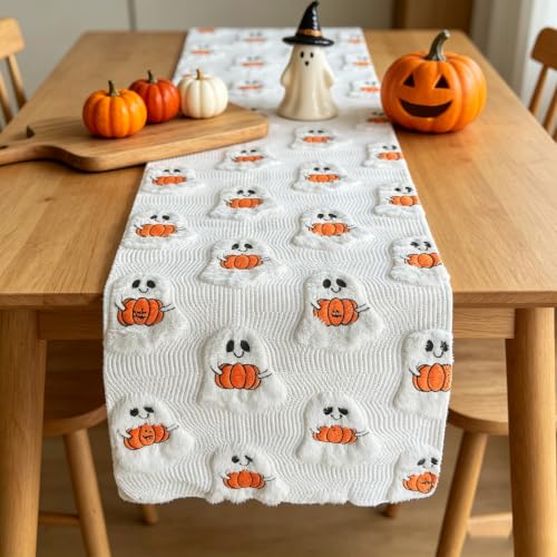 Halloween Faux Fur Table Runner 13x72 Inches with Embroidered Ghost & Pumpkin