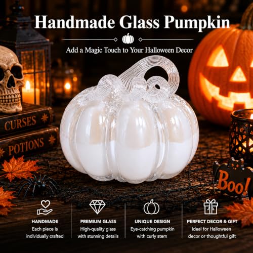 White Glass Pumpkin Decor - Fall Halloween Table Centerpiece - 5.5 Inch