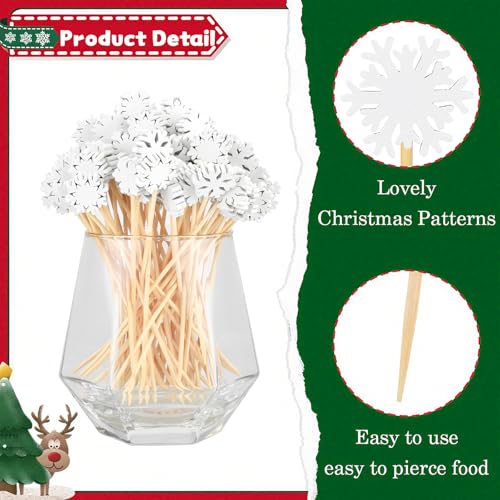 Christmas Snowflake Cocktail Picks - White Bamboo Toothpicks for Food & Drinks