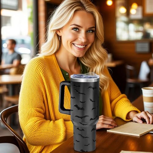 40oz Halloween Bat Print Stainless Steel Travel Mug with Handle & Straw