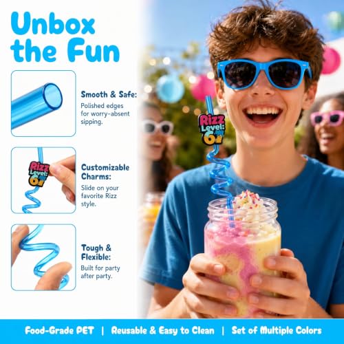 Reusable Party Drinking Straws with 16 Fun Curved Designs for Parties & Events