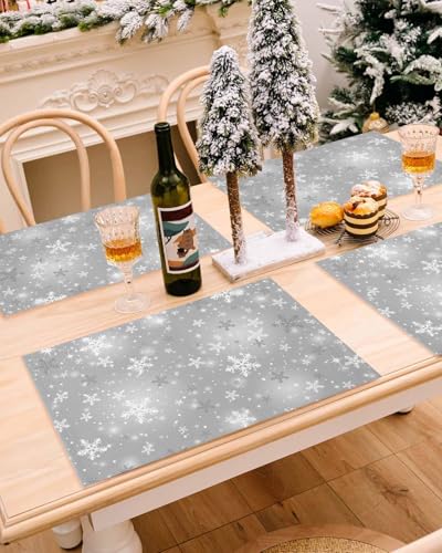 Grey Snowflake Christmas Placemat Set of 4 - Winter Table Decor, Washable Polyester