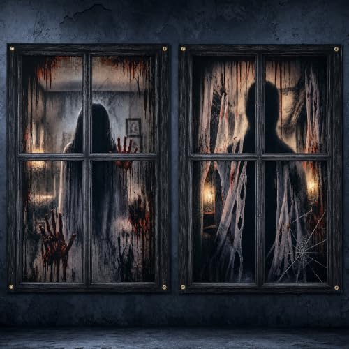 Halloween Window Decorations 2-Piece Scary Door Cover Curtains - Spooky Door Panel Set