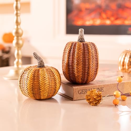 Medium Fall Pumpkin Decorations Set - 2 Resin Pumpkins for Autumn Home Decor
