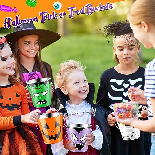 12 Pack Halloween Metal Pumpkin Buckets Trick or Treat Candy Pails - Festive Designs