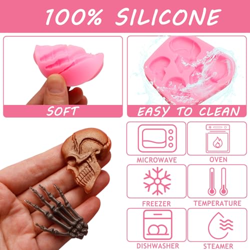 Halloween Skull Silicone Mold Set with Skeleton Hands & Sugar Skull - Pink M107