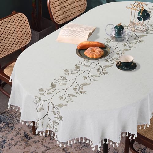 Oval Embroidery Tablecloth 60x102 Inch with Tassels - Natural Microfiber Dust-Proof