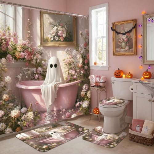 Pink Ghost Halloween Bathroom Shower Curtain and Rug Set - 4PCS Spooky Decor