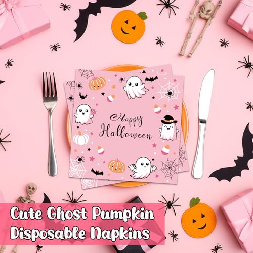 Pink Halloween Paper Napkins 100 Pack - Ghost & Spooky Design for Parties