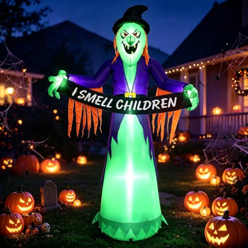 8FT Inflatable Halloween Witch Decor with LED Lights - Greenish Purple Variation