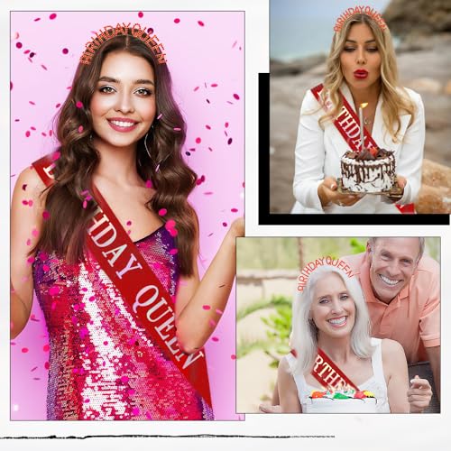 Red Birthday Sash and Crown Set for Women - Happy Birthday Decorations