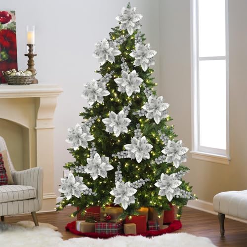 Christmas Glitter Poinsettia Ornaments Set - Silver, 50pcs with Clips & Stems