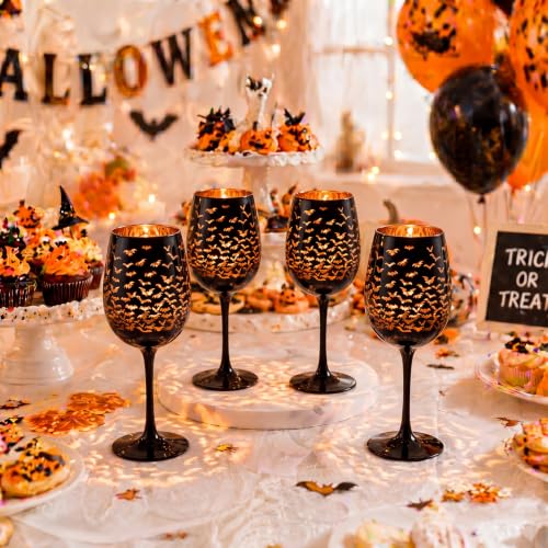 Halloween Bat Wine Glasses Set - Black & Orange Stemmed Goblets, 15oz, 2 Pcs
