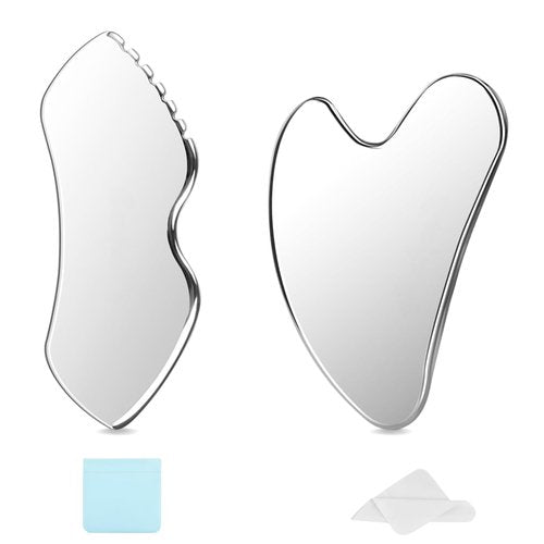 2Pcs Gua Sha Facial Tools Stainless Steel - Lift, Depuff & Glow | Spa-Grade, Travel-Ready, Metal GuaSha Tool for Face, Neck, Body Lymphatic Drainage Massager Natural Skin Care
