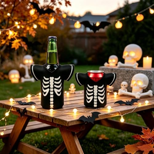 Skeleton Halloween Drink Sleeve 2 Pack - Neoprene Can & Bottle Cooler - Bone Skeleton Variation