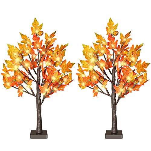 2 Pack 24 Inch Lighted Maple Trees with 36 LEDs & Acorns - Fall Thanksgiving Decor
