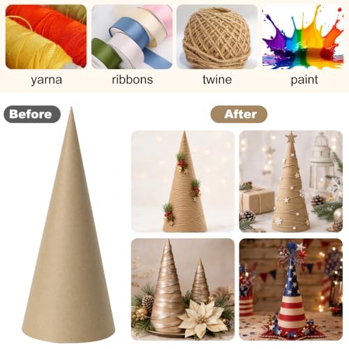 14 Inch Thick Paper Mache Cones for Holiday Crafts and Decorations - Set of 6