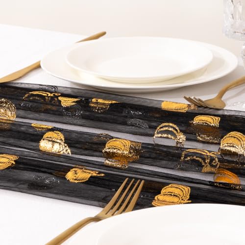 MLMC Fall Pumpkin Table Runner Black Sheer Gauze Foil 6PC - Elegant Holiday Decor