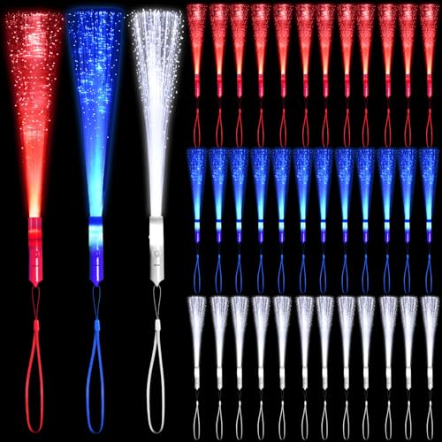 July 4th Glow Fiber Wands - 48 Pack Red Blue White LED Light Sticks with 3 Modes