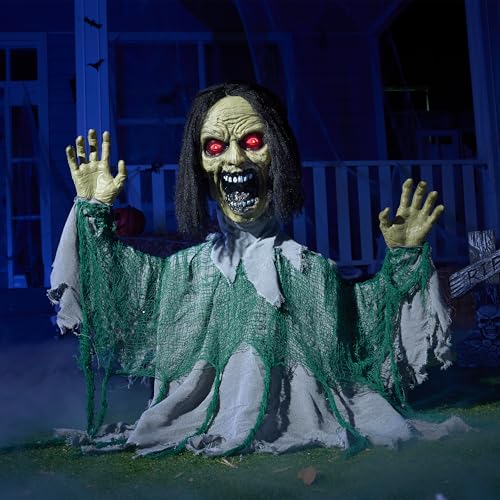 Halloween Outdoor Zombie Groundbreaker Decoration with Motion & Lights - Green & Gray, 39 Inches