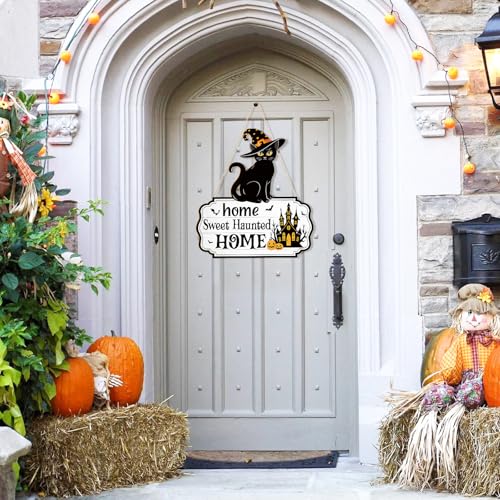 Large Black Cat Halloween Door Wreath Wooden Front Door Sign Haunted Home Decor