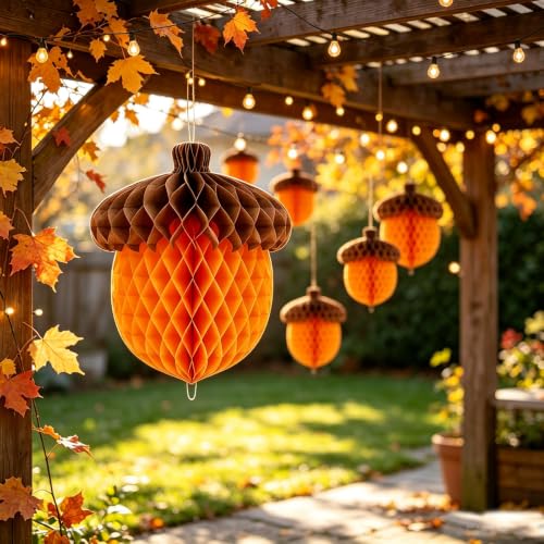 Fall Acorn Honeycomb Ball Decorations Set - Autumn Thanksgiving Halloween Party Ornaments