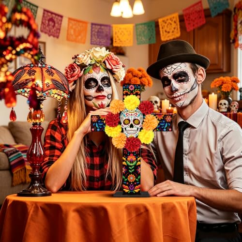 Colorful Large Day of the Dead Wooden Cross Tabletop Decor - Mexican Halloween Altar Centerpiece