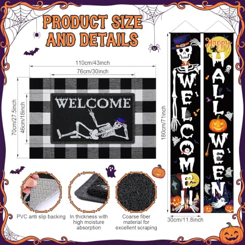 Halloween Welcome Doormat Set with Skeleton Banners and Rug - Fall Porch Decor