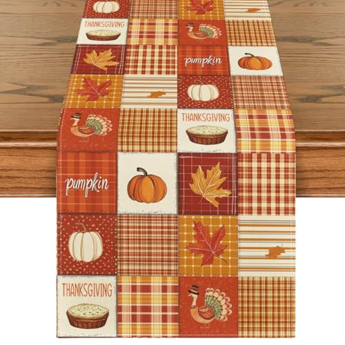 Buffalo Plaid Pumpkins & Turkey Thanksgiving Table Runner - 13 x 90 Inch Orange