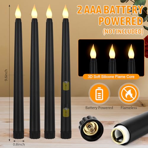 8.5 Inch Black LED Flameless Taper Candles Bulk - Safe Battery-Operated Decor