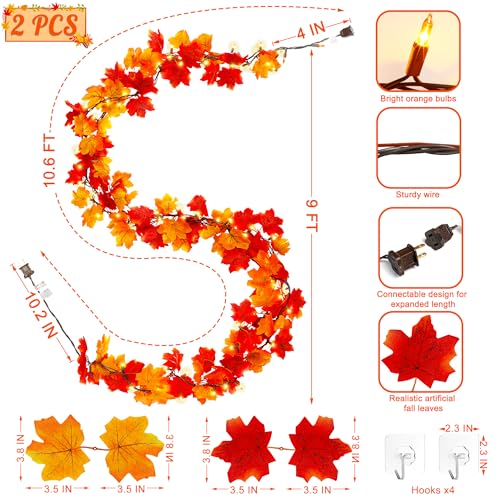 2-Pack 18FT Plug-In Fall Garland with Lights for Thanksgiving & Halloween Decor - Orange Leaves