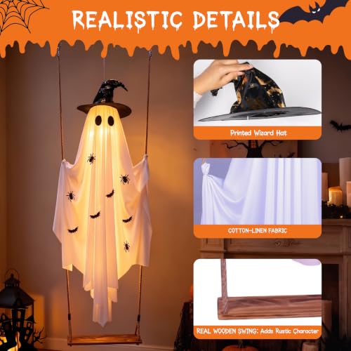 White Lighted Swing Ghost Halloween Decoration - 5FT Outdoor Hanging Ghost with Wooden Swing, 30 LED Lights & Remote
