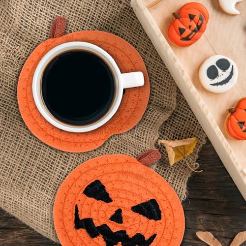 Halloween Pumpkin Coasters - Handmade Braided Cotton Set, Orange & Black, 4.7 Inch - Variation of THIS listing
