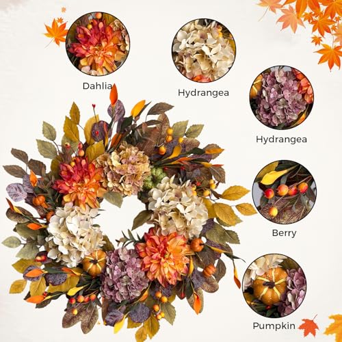 24-Inch Autumn Front Door Wreath with Hydrangea, Dalia and Pumpkins - Fall Decor