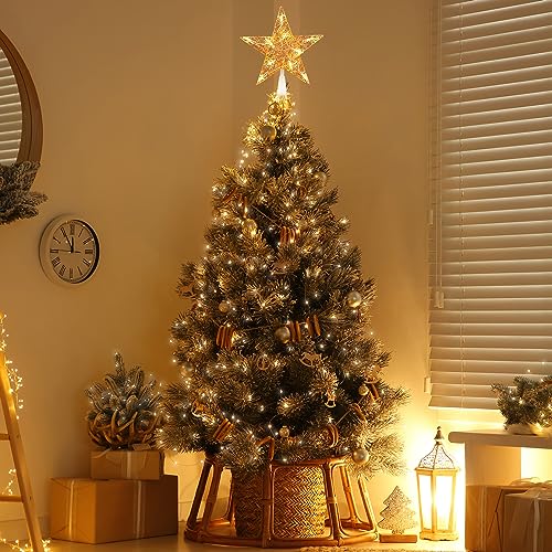 Gold Star Christmas Tree Topper with 10 LED Bulbs - 9 Inch Twined Metal Holiday Decoration - Plug-in