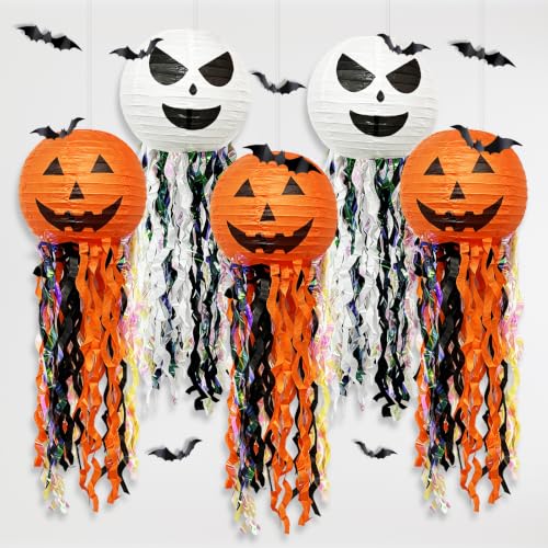 Halloween Pumpkin Paper Lanterns with Bat Set - 10 Inch Autumn Decor