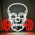 Dumbbell Skull Neon Sign for Gym & Halloween Wall Decor - Red & White