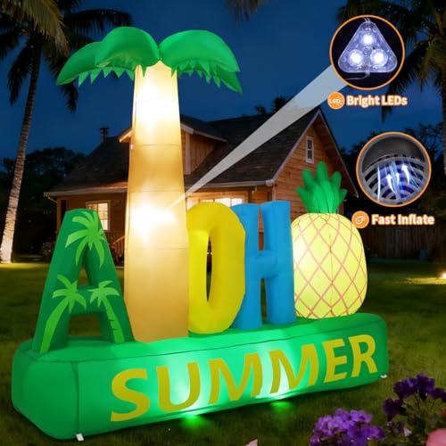 Inflatable Palm Tree and Pineapple Decor with LED Lights for Outdoor Yard and Pool Parties