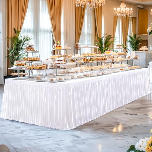 14ft White Satin Table Skirt for Rectangular Tables - Wrinkle-Free Party Decor with Glitter Ruffle - Variation: White / 168x30 Inches