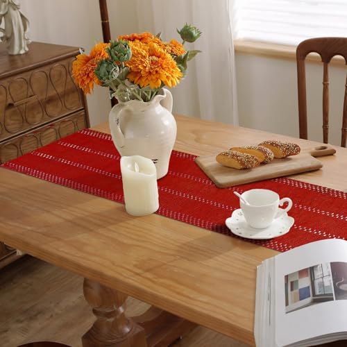 Christmas Table Runner 12 x 108 Inches Red Tassel Rustic Cotton Linen Holiday Decor