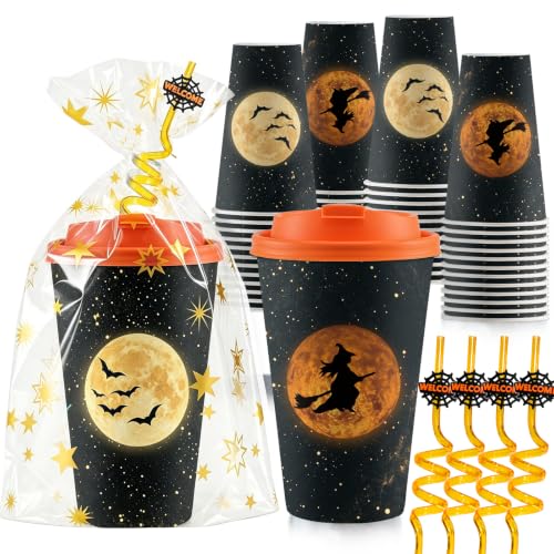 Halloween Witch Disposable Plastic Gift Cups - 16oz, 24 Sets with Lids & Straws