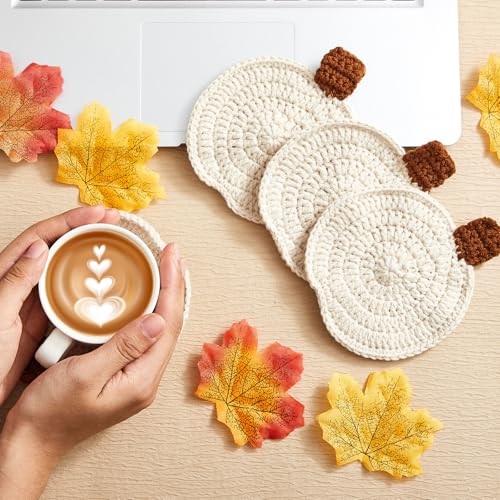 Fall Crochet Coasters Set - Pumpkin Design, Beige, 4 Pieces