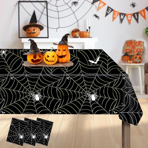 Halloween Plastic Tablecloth Waterproof Disposable Rectangular Cover - Black Spider Web, 54×108 Inches (3 Pcs)