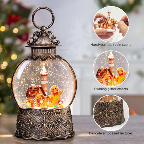 Christmas Snow Globe Lantern - Gingerbread Man Musical Decor with Swirling Glitter, Timer & USB Power