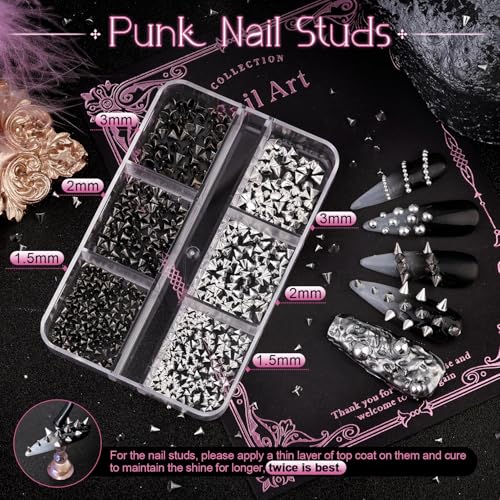 Punk Nail Charms Kit 1 Silver & Black - 3D Gothic Nail Studs & Pearls, Nail Art Accessories