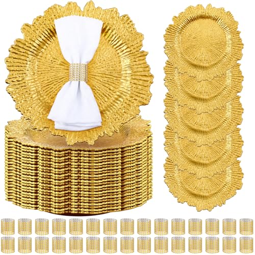 Gold Reef Charger Plates Set with Napkin Rings - 50 Pieces, 13 Inch Round, Elegant Table Decor - Variation: Gold / 50